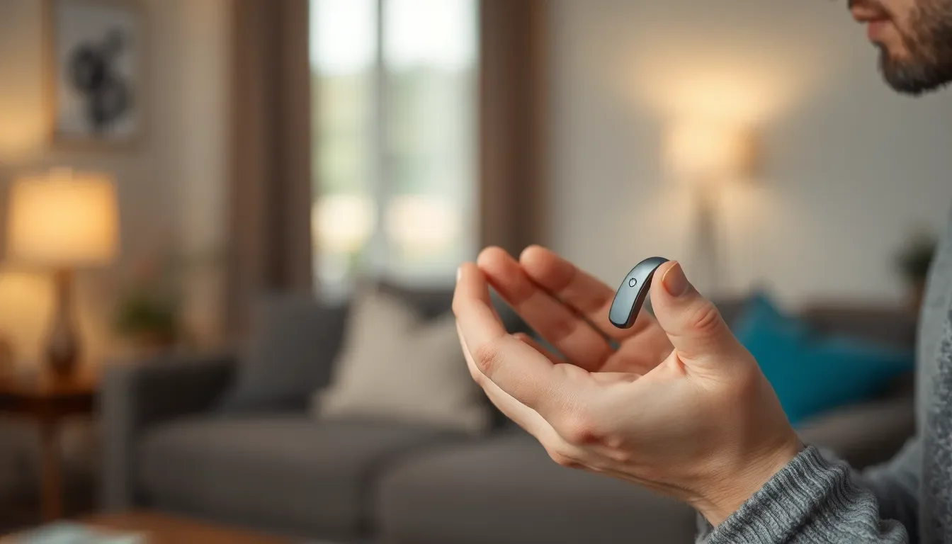 보청기를 착용한 어르신이 미소 짓고 있는 모습