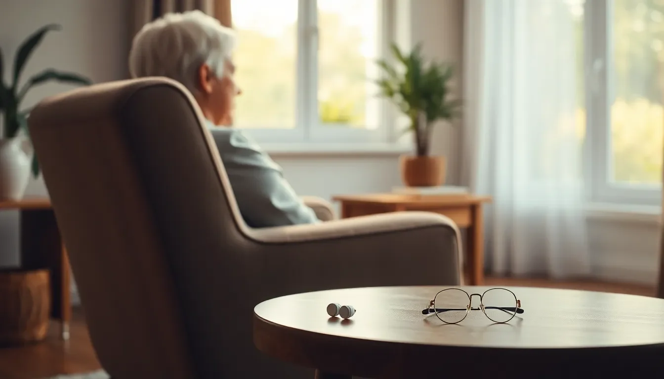 보청기를 착용한 미소 짓는 어르신과 자녀가 편안하게 대화하는 모습