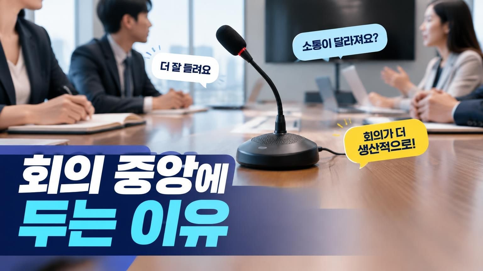 회의 테이블 중앙에 원격 마이크를 놓고 대화하는 사람들