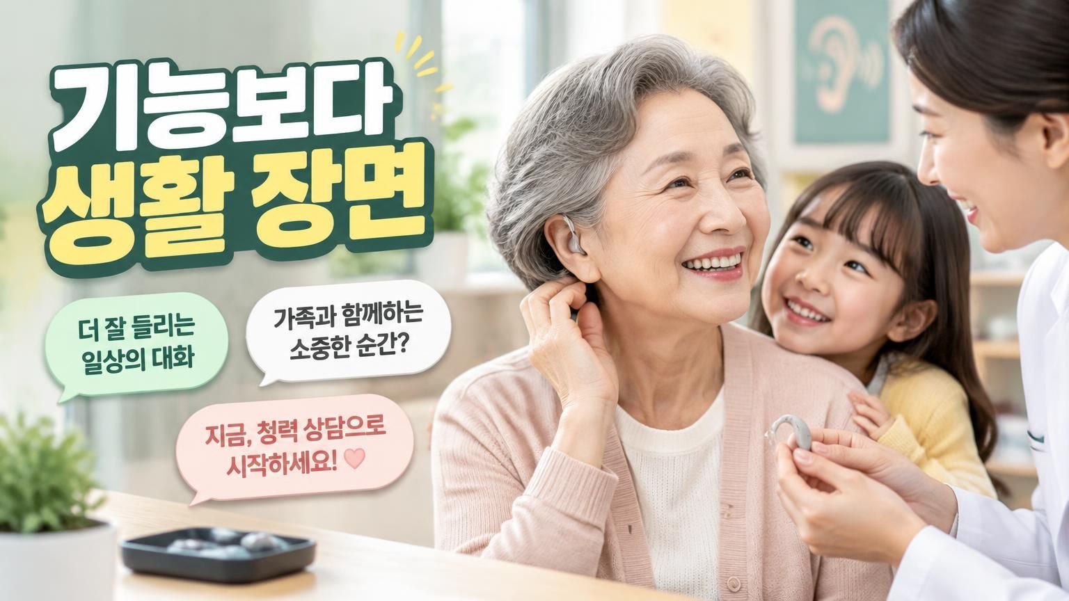 보청기 상담 중 가족과 함께 기기를 살펴보는 모습