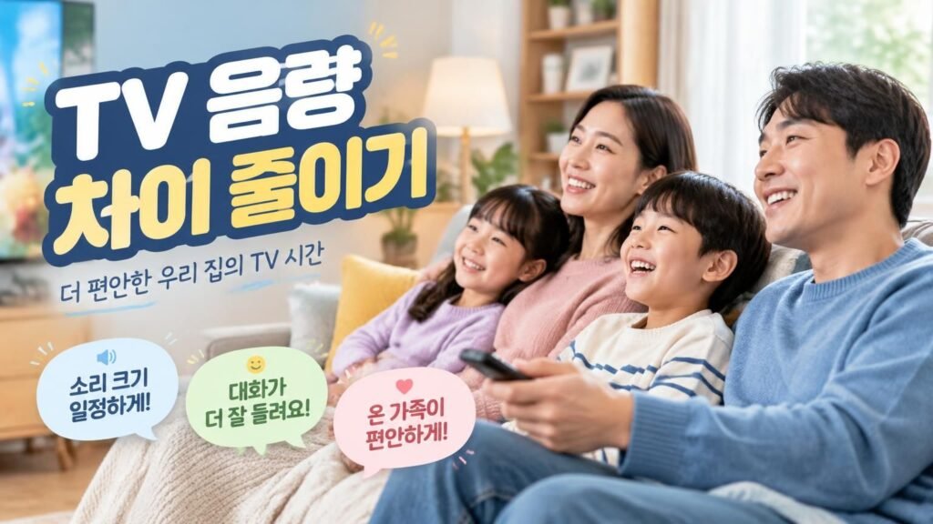 거실에서 TV를 보며 보청기 스트리밍 연결을 확인하는 가족