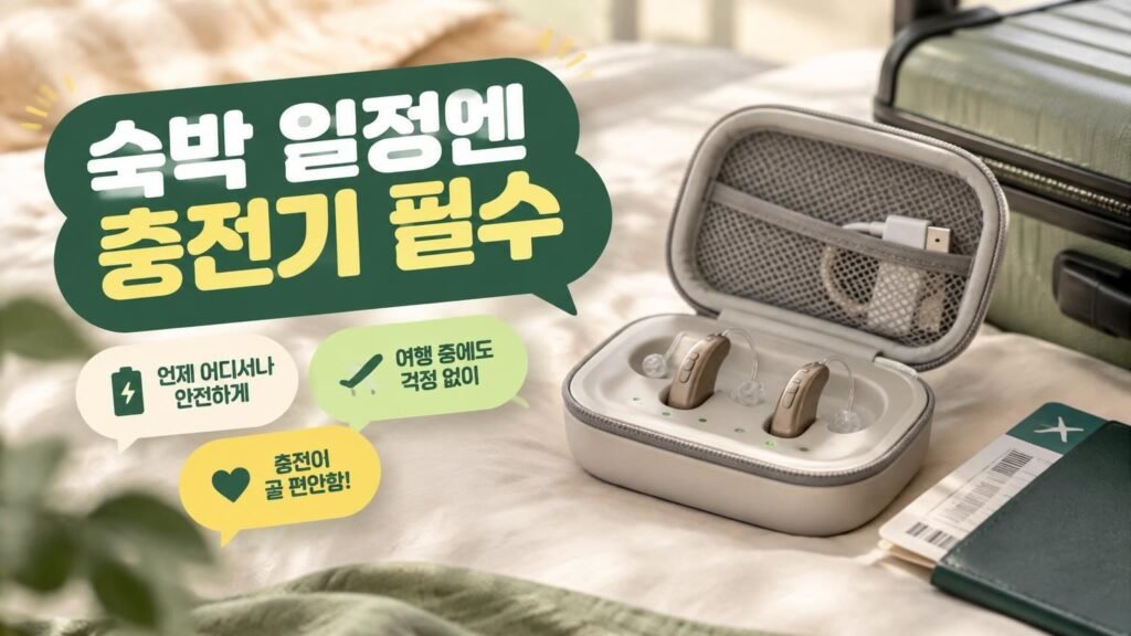 외출용 가방 옆에 놓인 보청기 충전 케이스