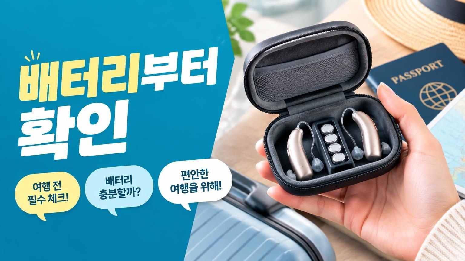 외출 중 손에 든 보청기와 휴대용 보관 케이스