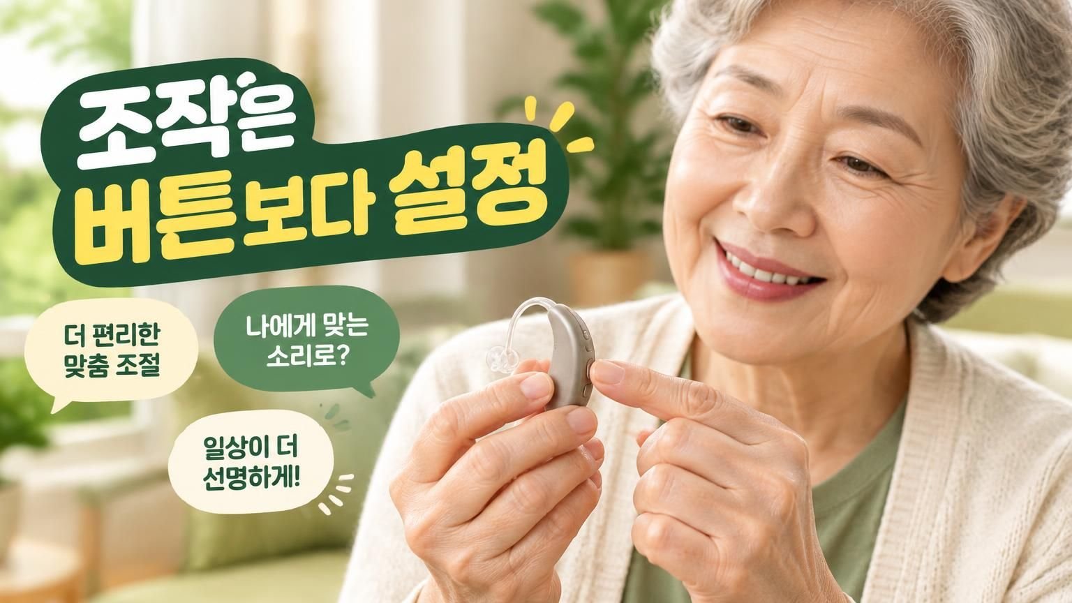 보청기를 손에 들고 조작 버튼을 살펴보는 모습